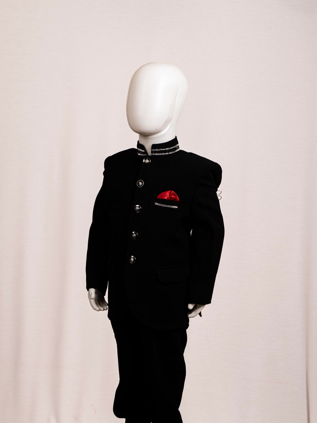 Royal Black Embellished Collar Jodhpuri Set with Red Pocket Square