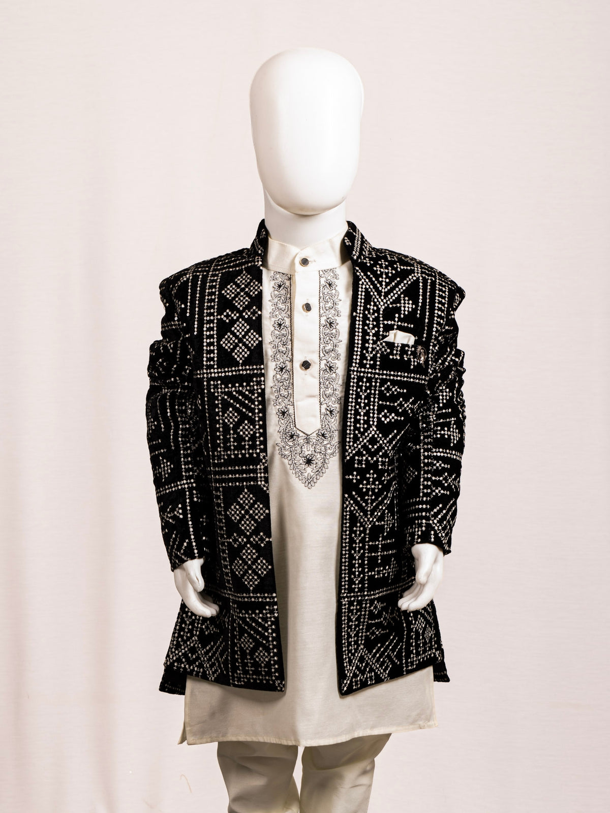 Midnight Black Geometric Embroidered Sherwani Set