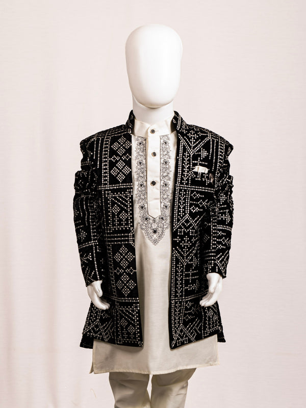  Midnight Black Geometric Embroidered Sherwani Set