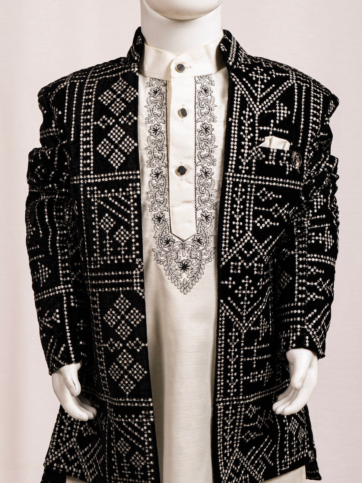  Midnight Black Geometric Embroidered Sherwani Set