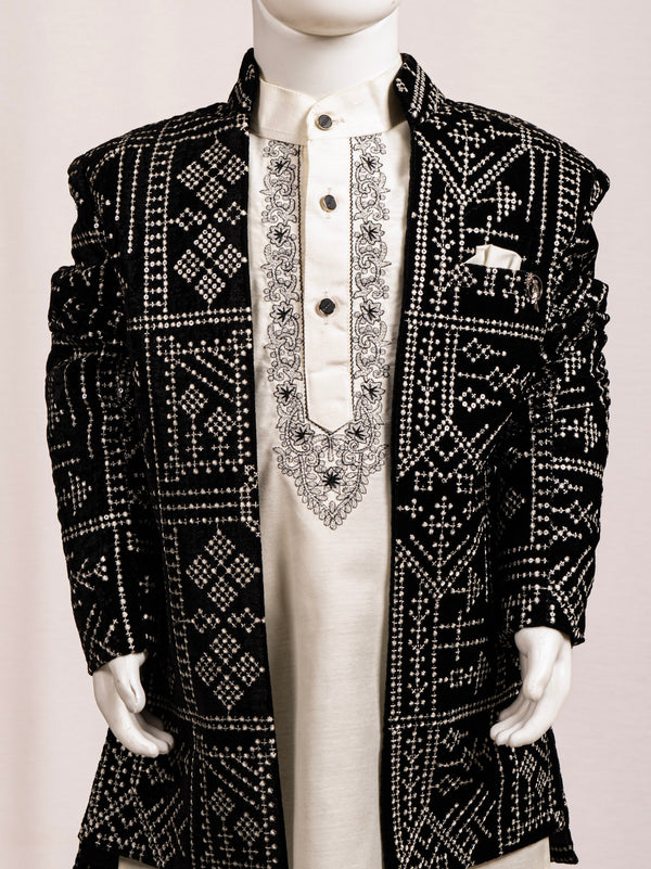  Midnight Black Geometric Embroidered Sherwani Set