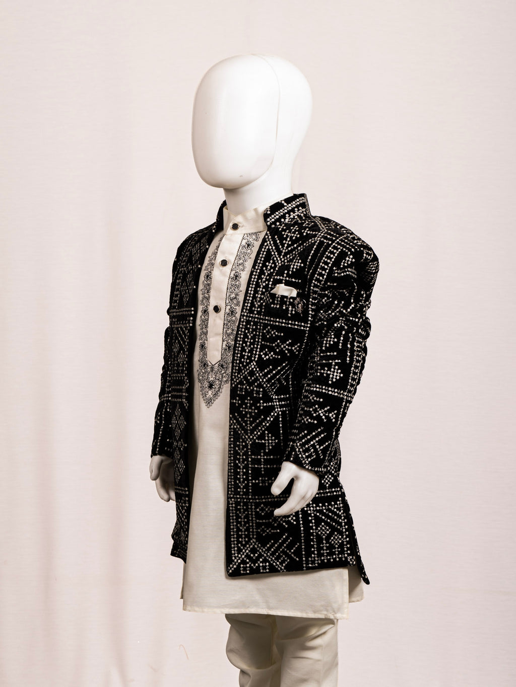  Midnight Black Geometric Embroidered Sherwani Set