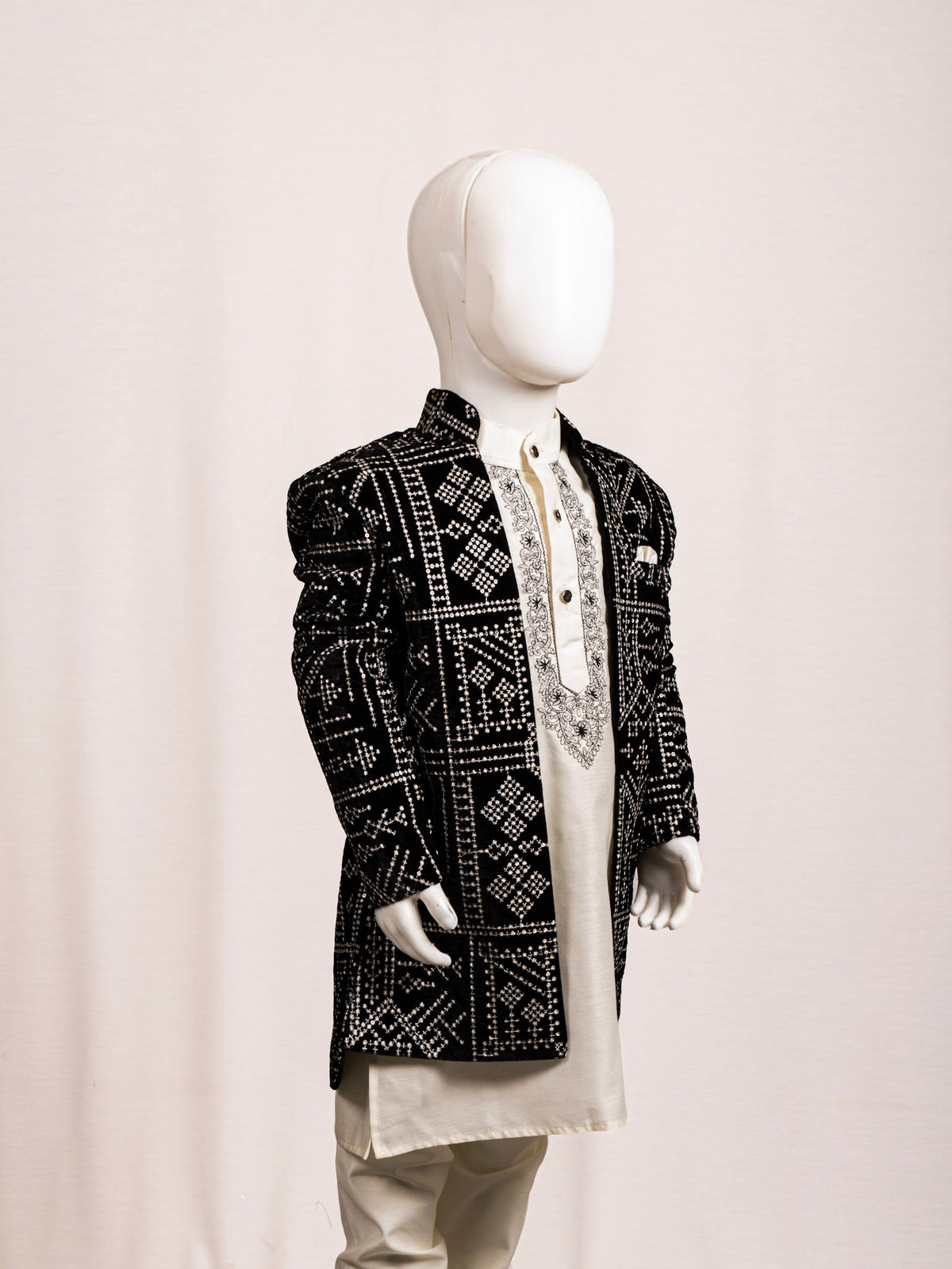  Midnight Black Geometric Embroidered Sherwani Set
