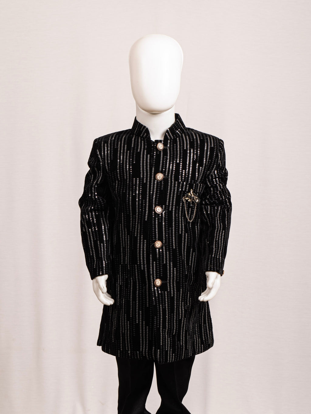 Midnight Black Vertical Sequin Striped Sherwani Set