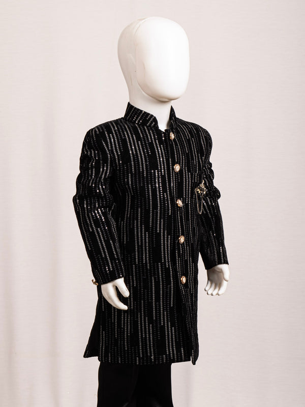 Midnight Black Vertical Sequin Striped Sherwani Set