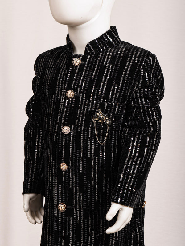 Midnight Black Vertical Sequin Striped Sherwani Set