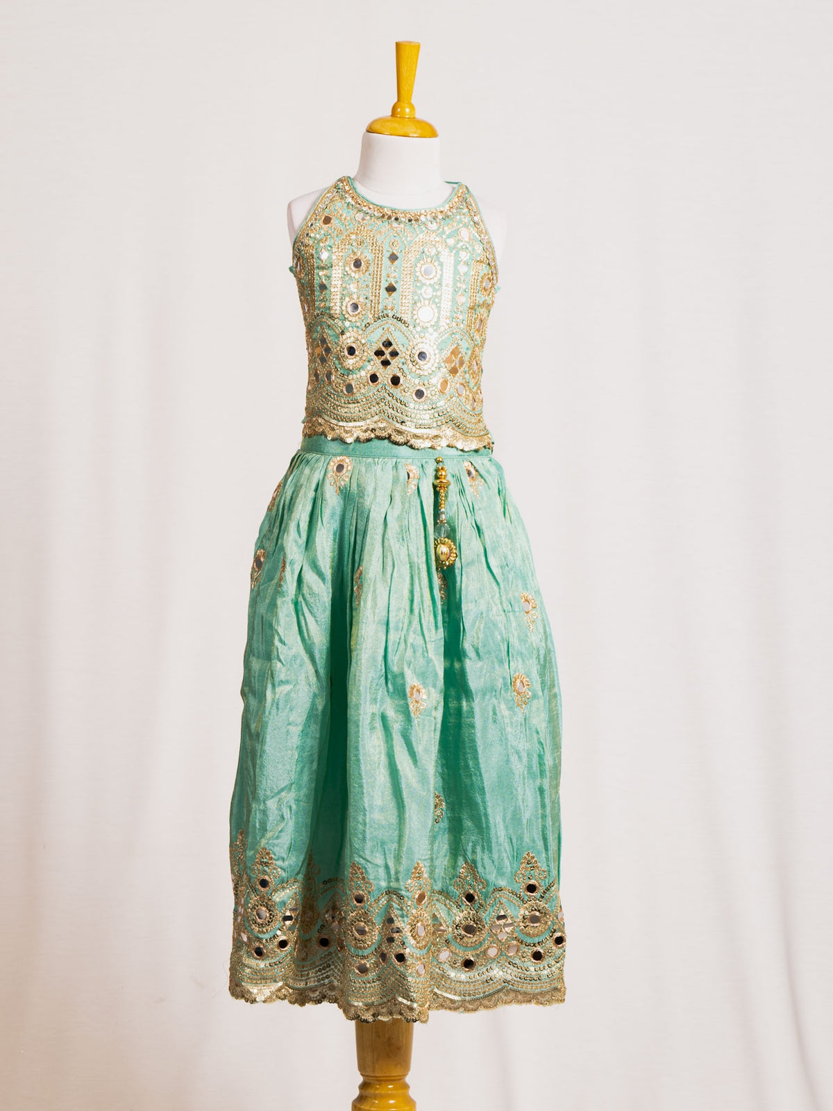 Halter Neck Mirror Work Crop Top & Flared Lehenga Set