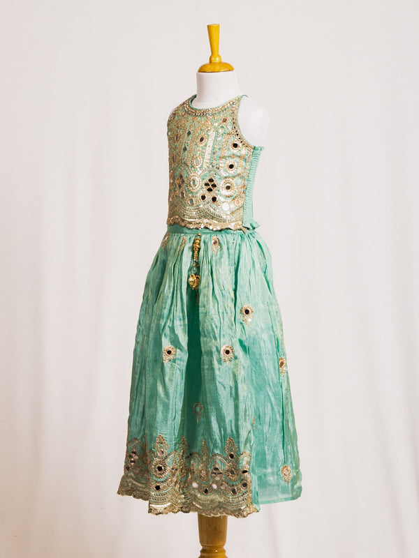 Halter Neck Mirror Work Crop Top & Flared Lehenga Set