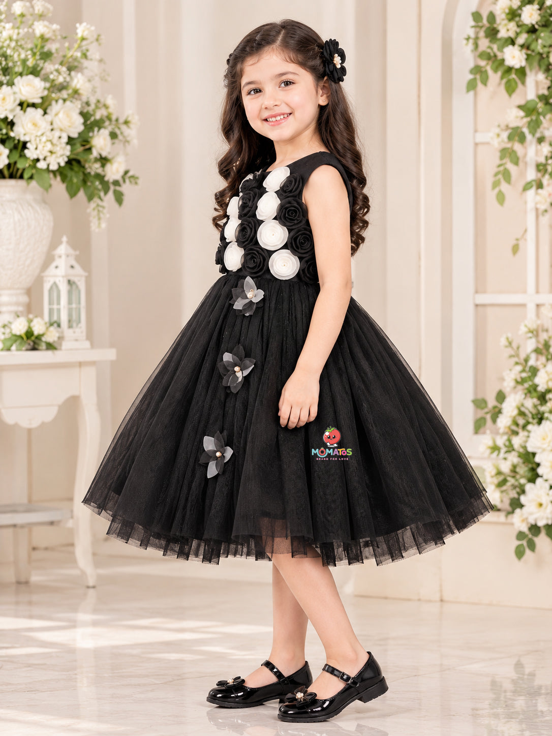 Black & White Floral Rosette Flared Ball Gown Secondary image