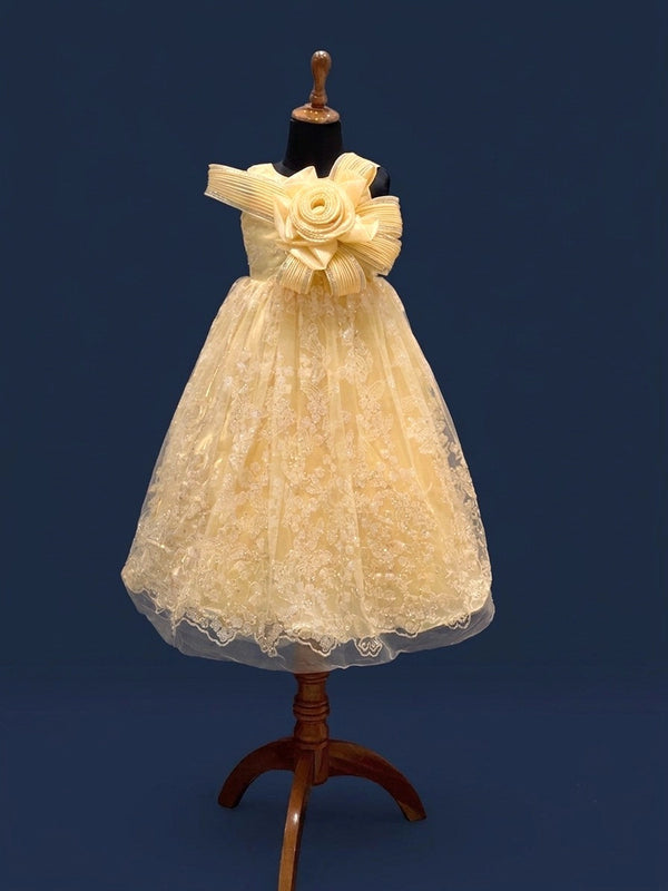 Girls Light Yellow One-Shoulder Lace Party Frock