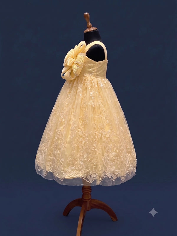 Girls Light Yellow One-Shoulder Lace Party Frock