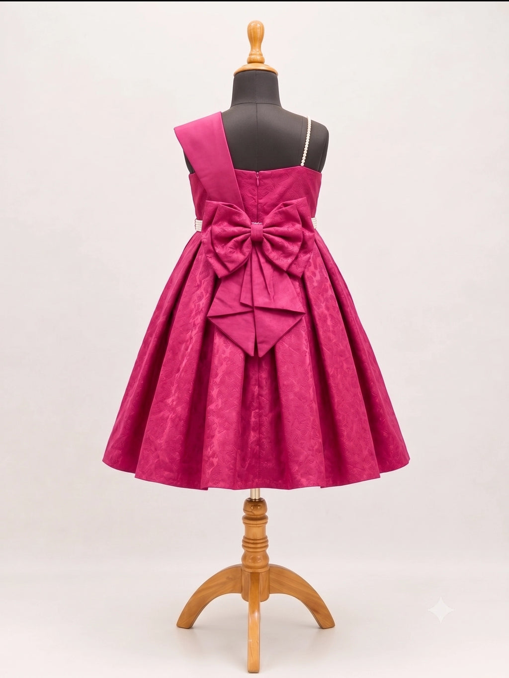 Girls Magenta Pink One-Shoulder Party Frock with Pearl Detailing