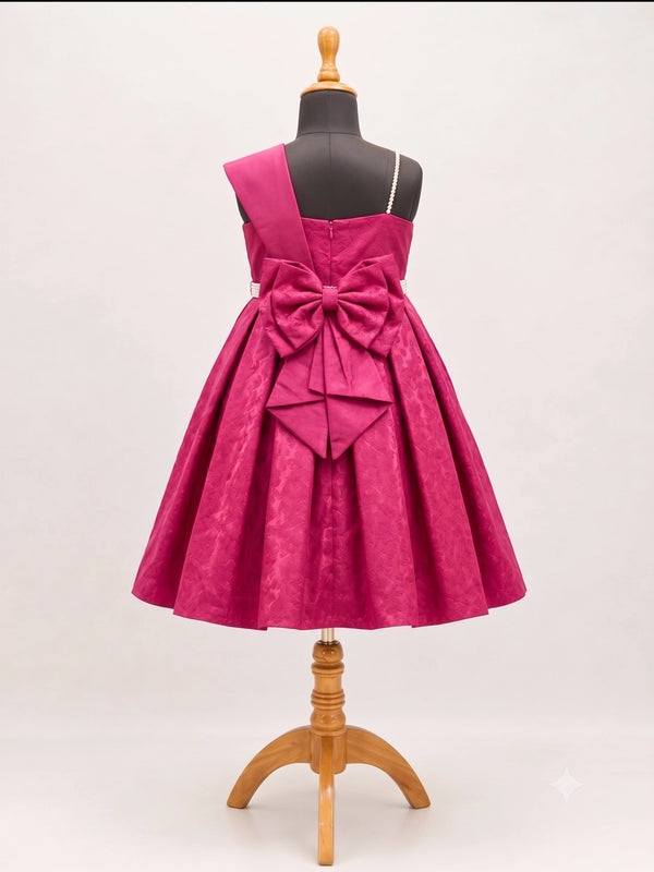 Girls Magenta Pink One-Shoulder Party Frock with Pearl Detailing