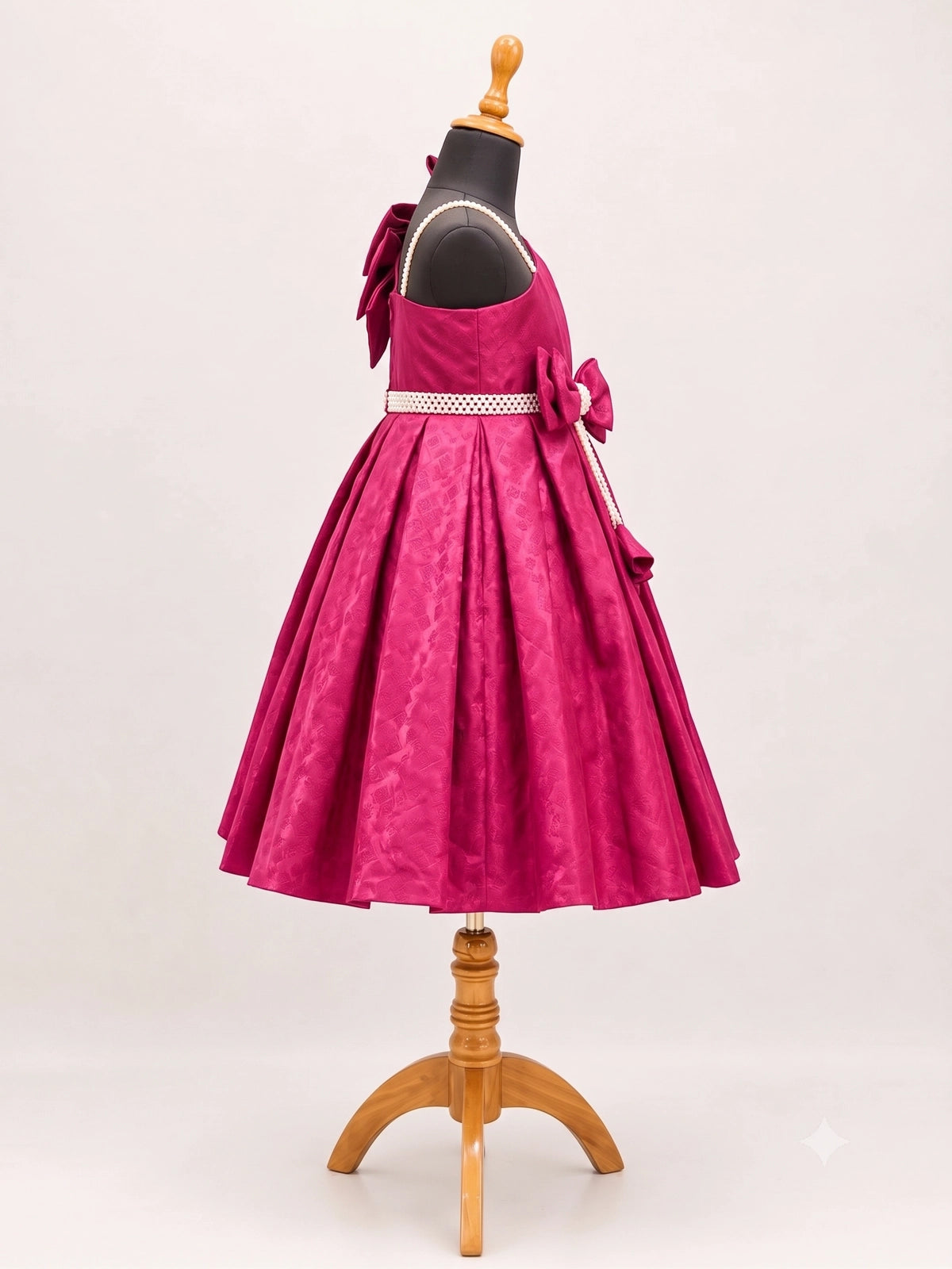 Girls Magenta Pink One-Shoulder Party Frock with Pearl Detailing