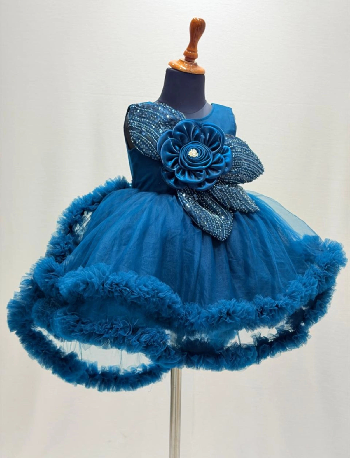 Girls Peacock Blue High-Low Ruffle Net Party Frock