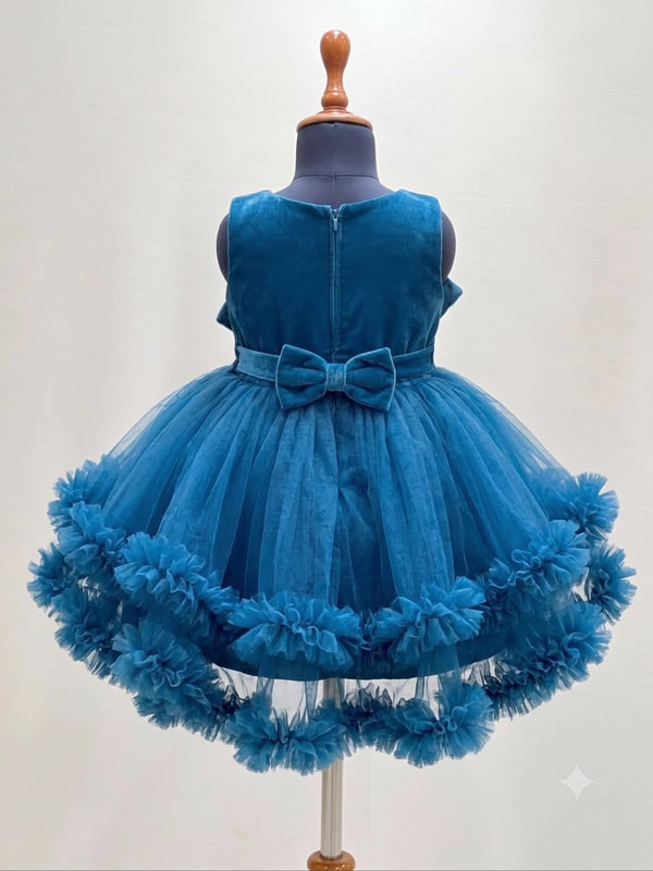 Girls Peacock Blue High-Low Ruffle Net Party Frock