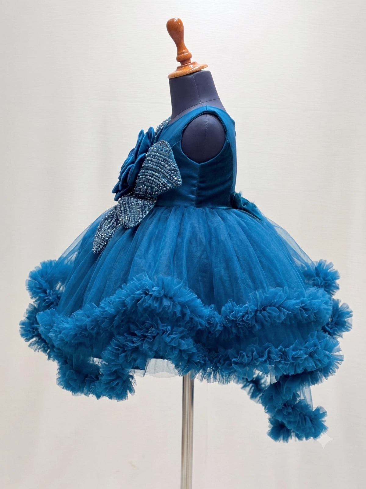 Girls Peacock Blue High-Low Ruffle Net Party Frock