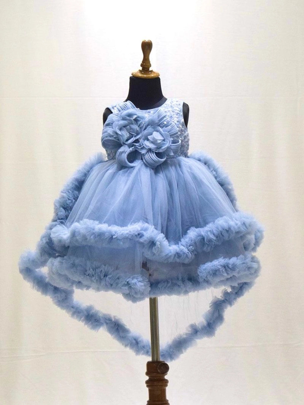 Girls Powder Blue High-Low Ruffle Net Party Frock