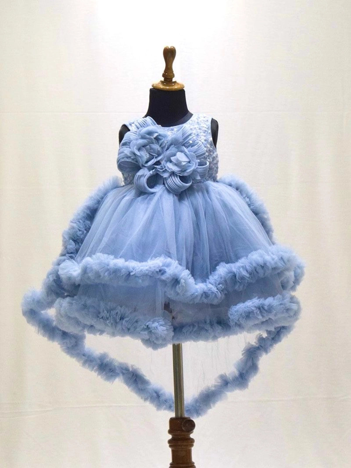 Girls Powder Blue High-Low Ruffle Net Party Frock