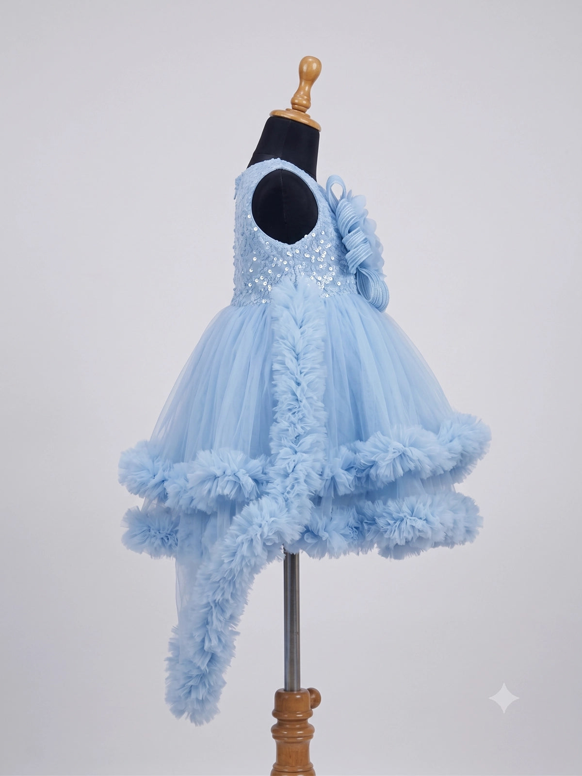 Girls Powder Blue High-Low Ruffle Net Party Frock