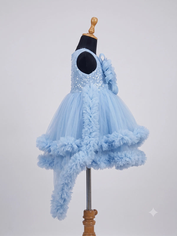 Girls Powder Blue High-Low Ruffle Net Party Frock