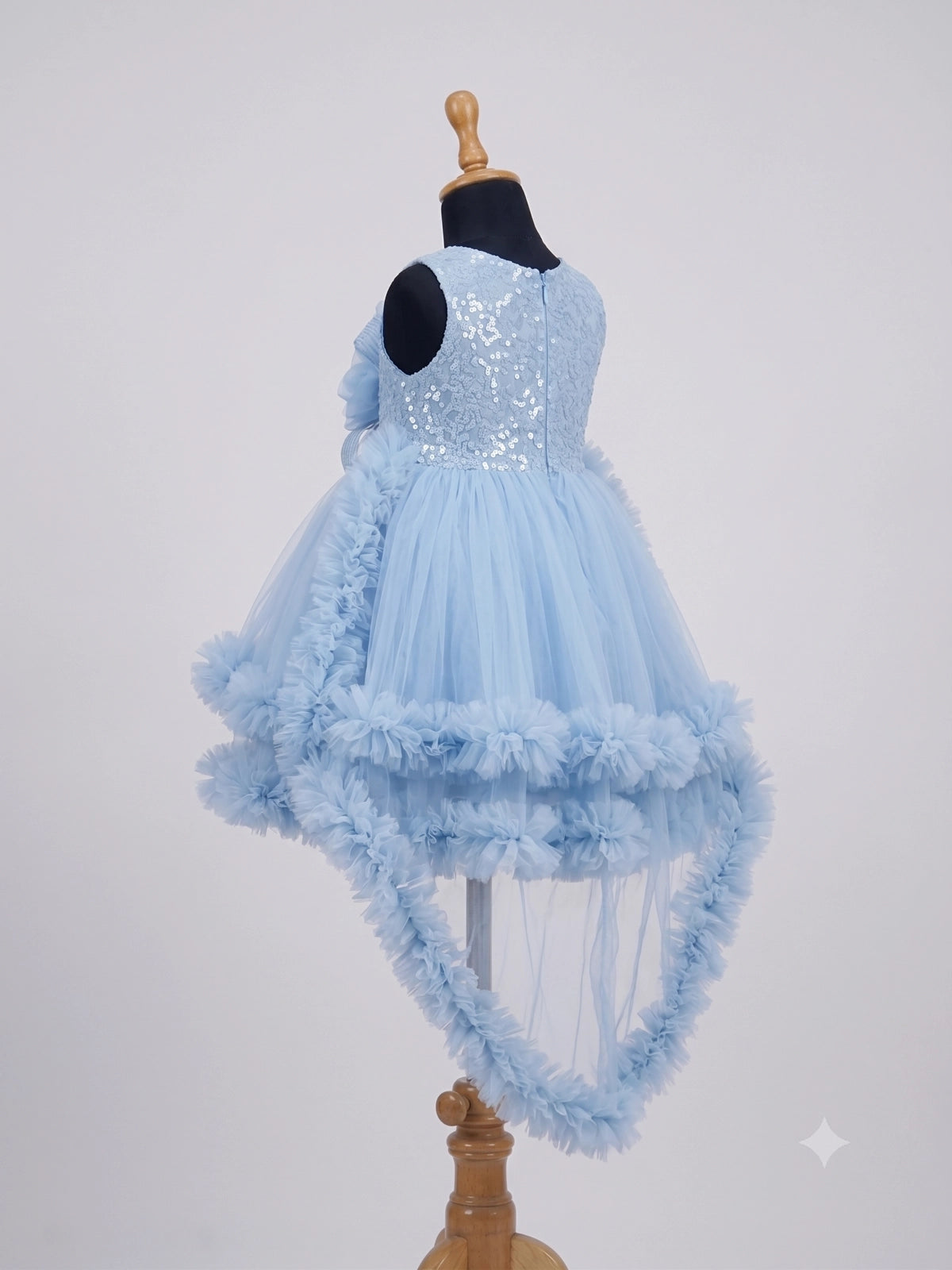 Girls Powder Blue High-Low Ruffle Net Party Frock