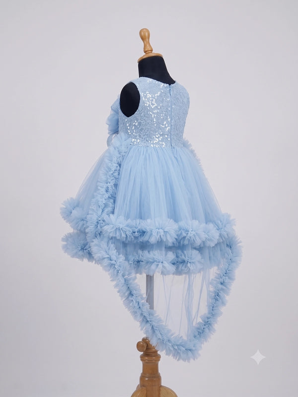 Girls Powder Blue High-Low Ruffle Net Party Frock