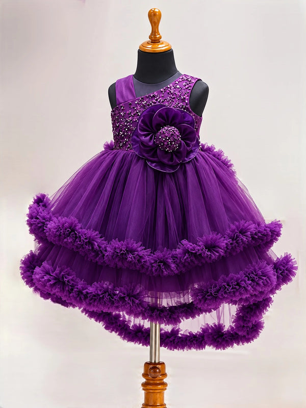 Girls Purple Sequin High-Low Ruffle Net Party Frock