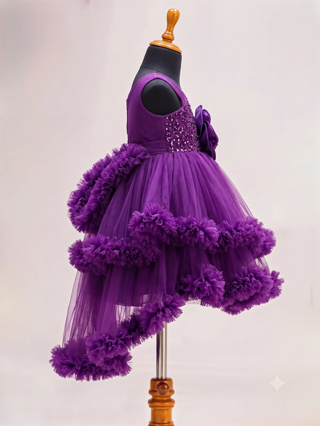 Girls Purple Sequin High-Low Ruffle Net Party Frock