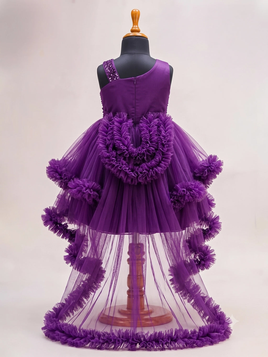 Girls Purple Sequin High-Low Ruffle Net Party Frock
