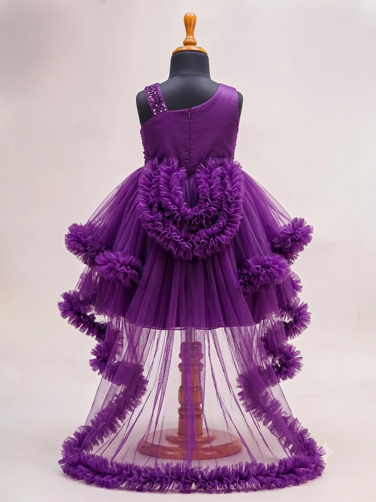 Girls Purple Sequin High-Low Ruffle Net Party Frock