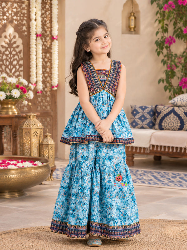 Sky Blue Geometric Printed Peplum Kurti & Tiered Sharara Set