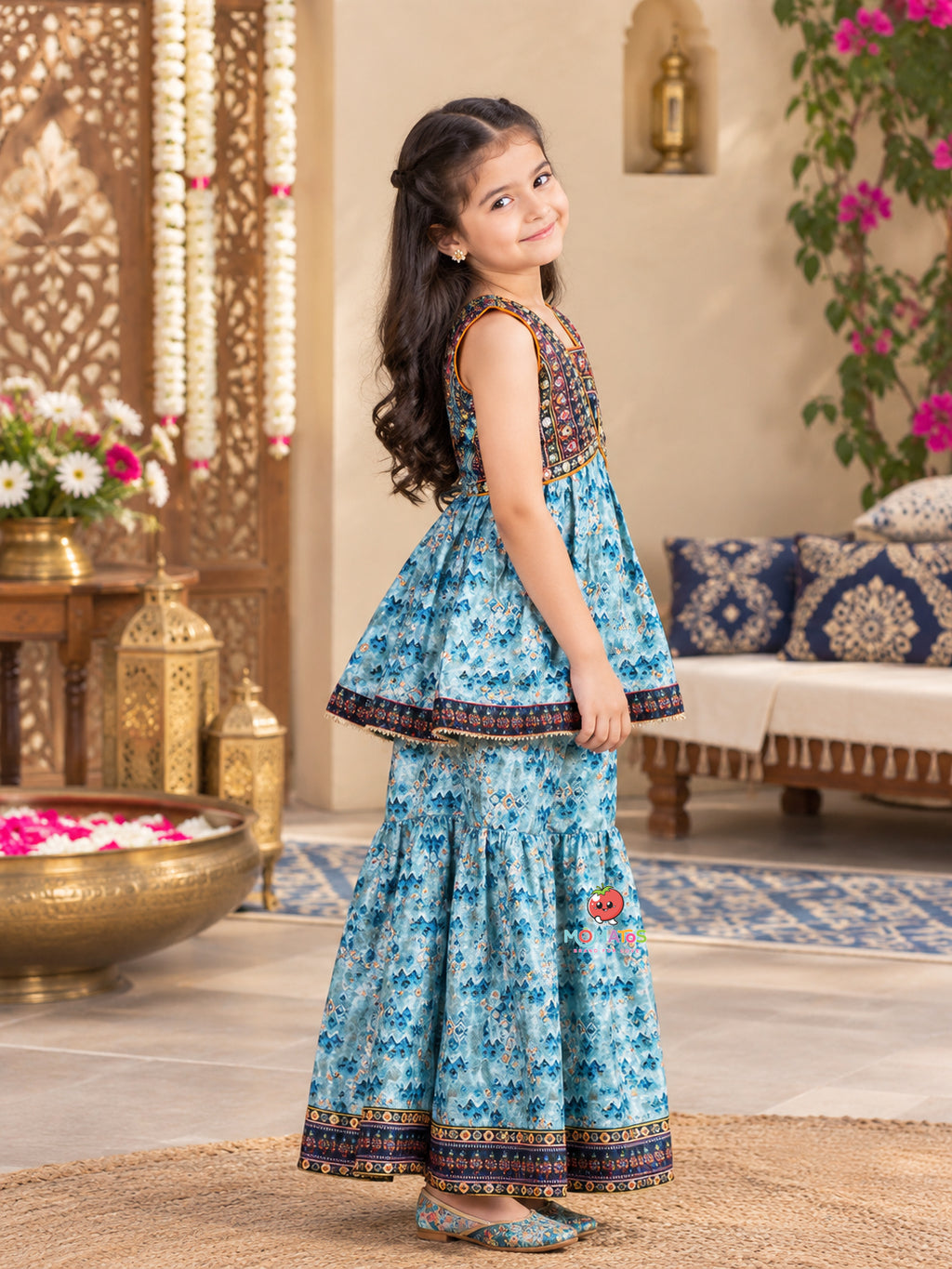 Sky Blue Geometric Printed Peplum Kurti & Tiered Sharara Set