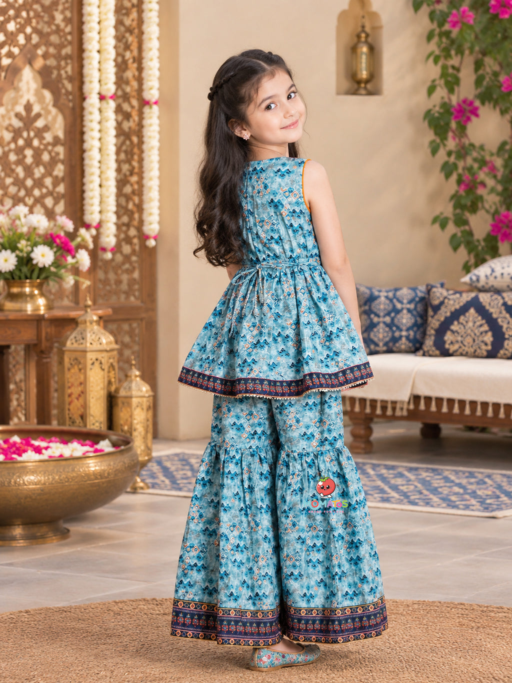 Sky Blue Geometric Printed Peplum Kurti & Tiered Sharara Set