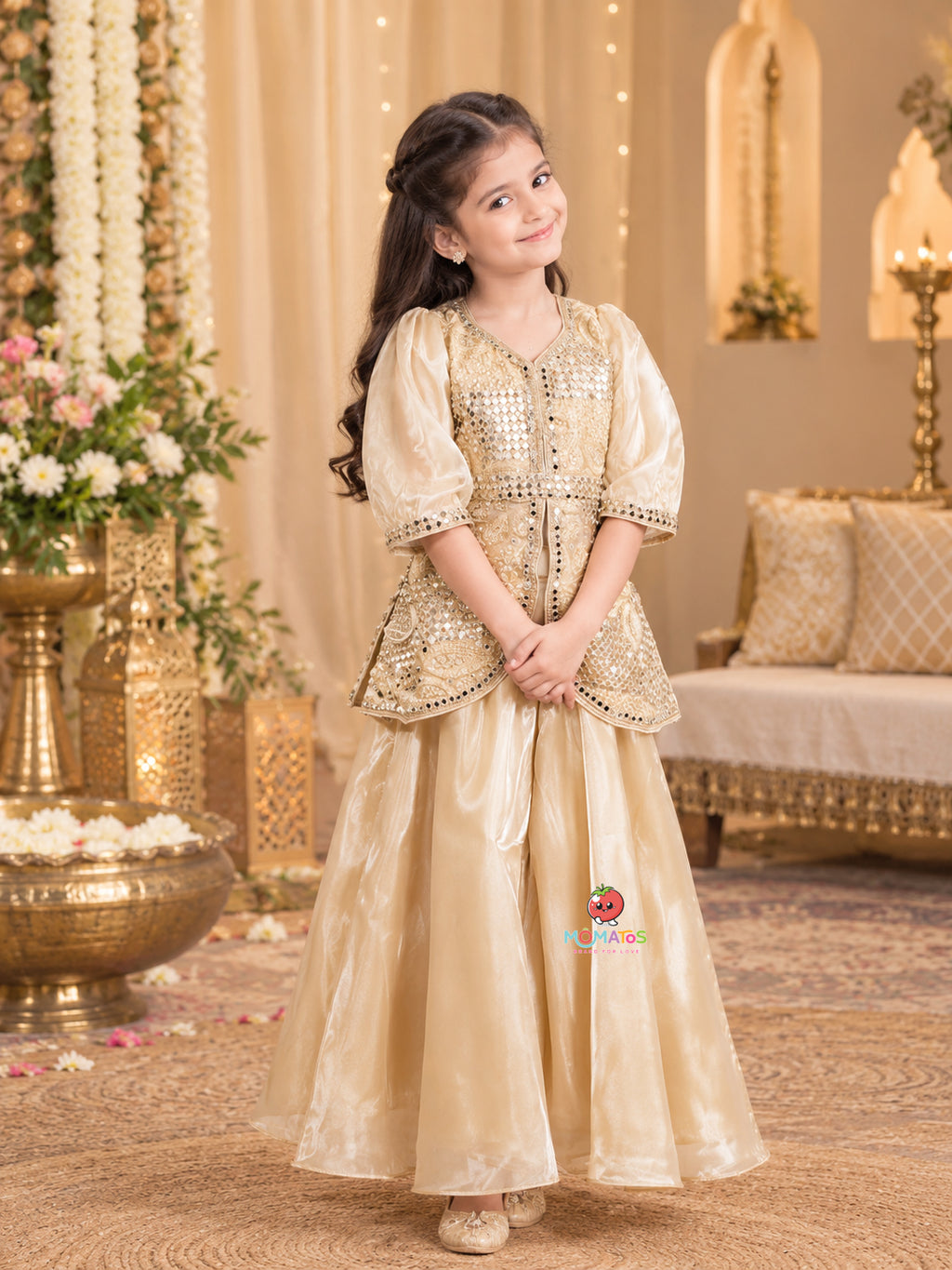 Champagne Fawn Puff Sleeve Mirror & Zari Embroidered Lehenga Set