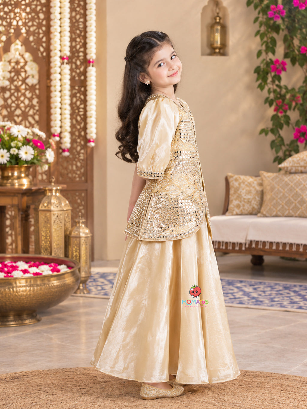 Champagne Fawn Puff Sleeve Mirror & Zari Embroidered Lehenga Set