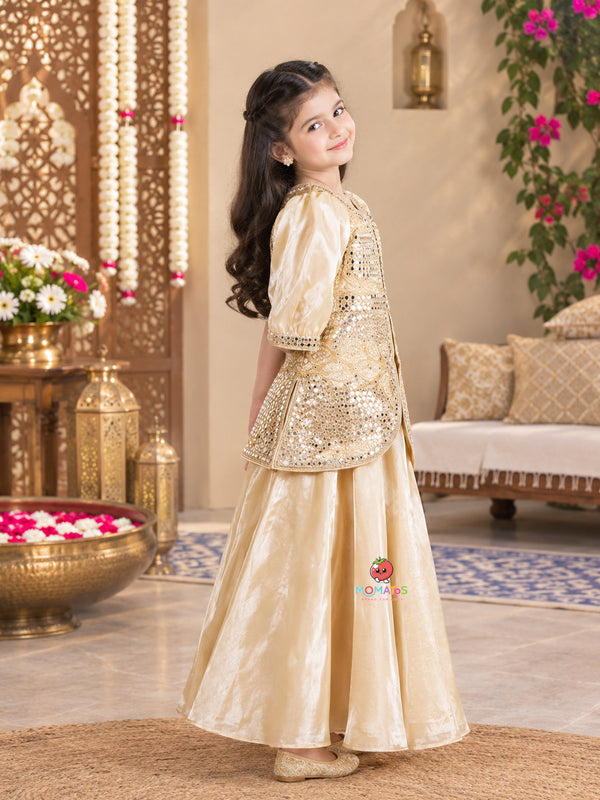 Champagne Fawn Puff Sleeve Mirror & Zari Embroidered Lehenga Set