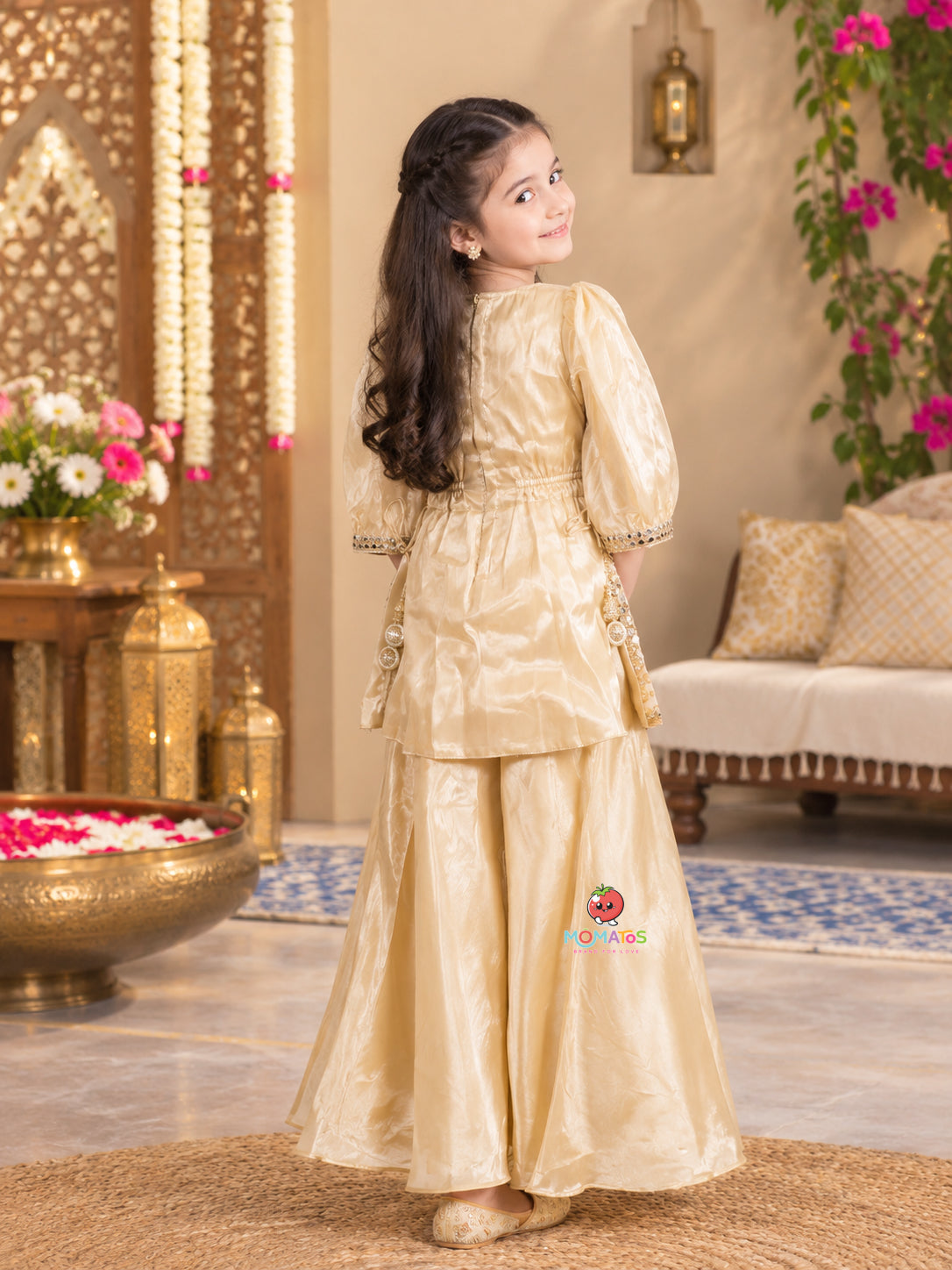 Champagne Fawn Puff Sleeve Mirror & Zari Embroidered Lehenga Set