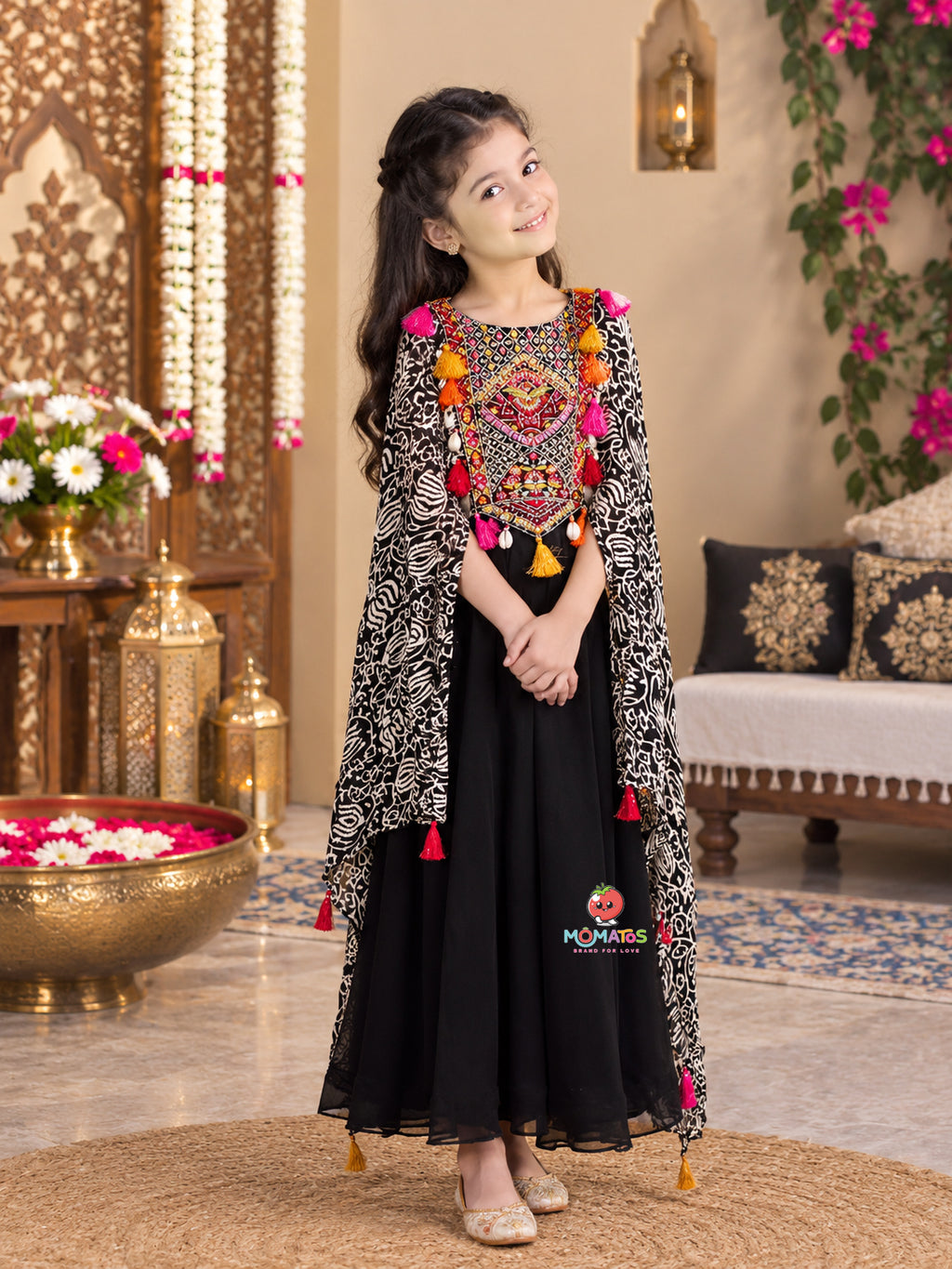 Jet Black Geometric Embroidered Yoke Floor-Length Cape Palazzo Set