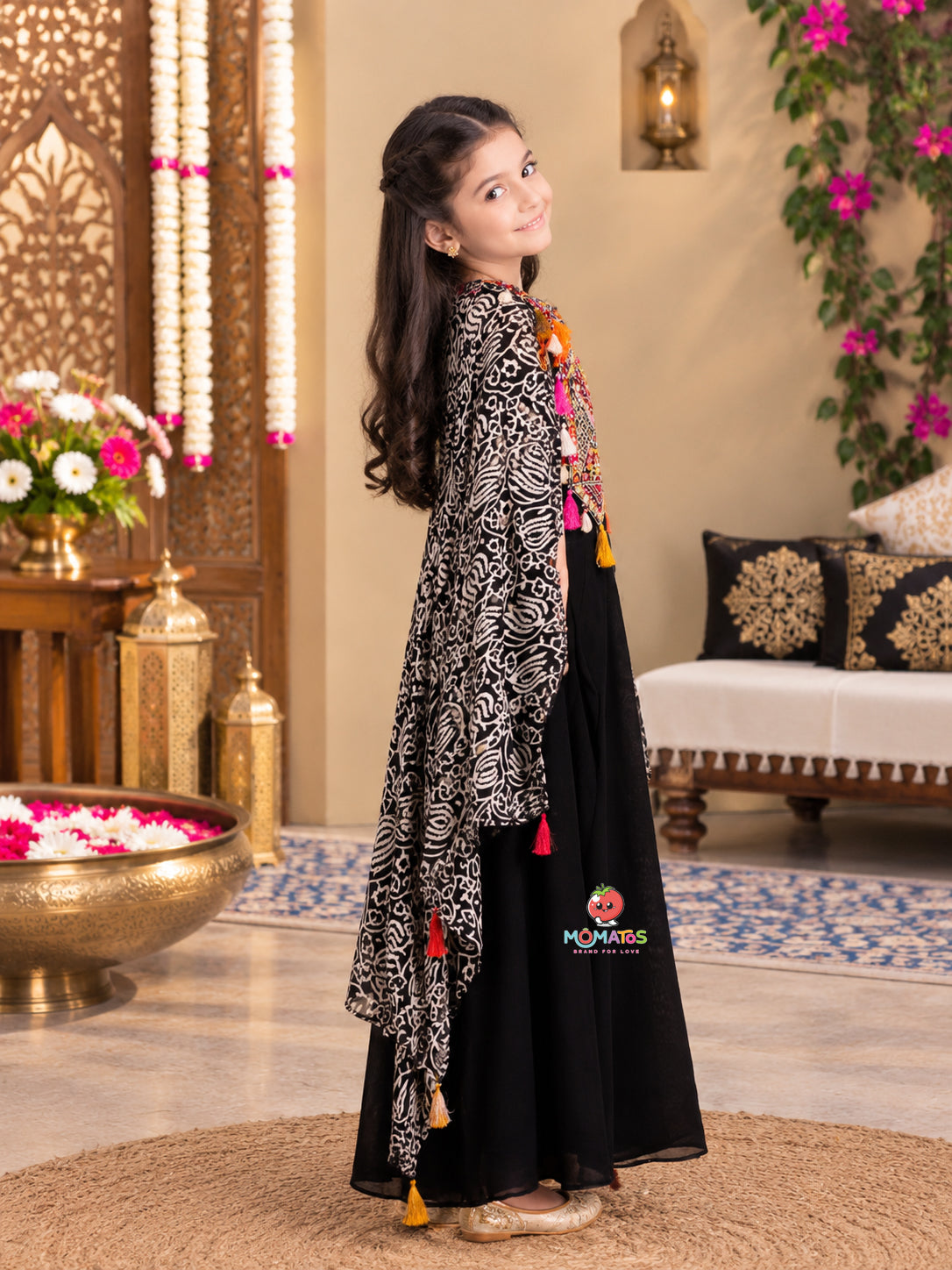 Jet Black Geometric Embroidered Yoke Floor-Length Cape Palazzo Set