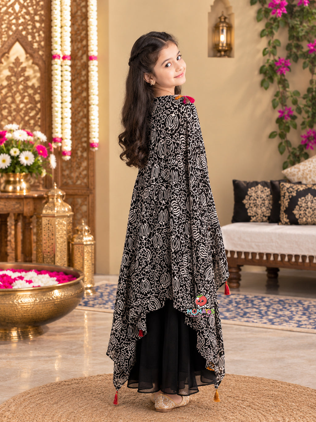Jet Black Geometric Embroidered Yoke Floor-Length Cape Palazzo Set