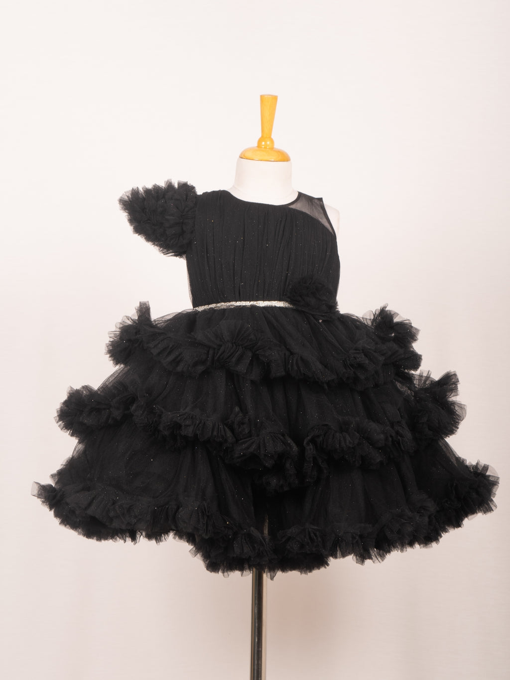 Midnight Black One-Sleeve Tiered Ruffle Tulle Gown