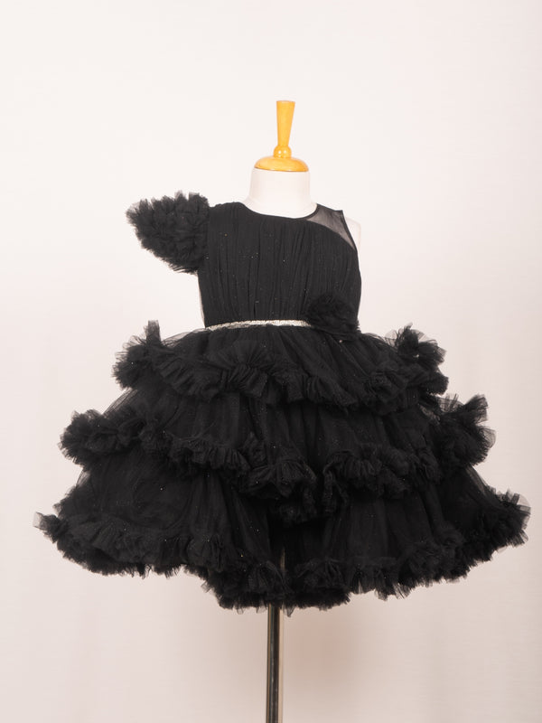 Midnight Black One-Sleeve Tiered Ruffle Tulle Gown