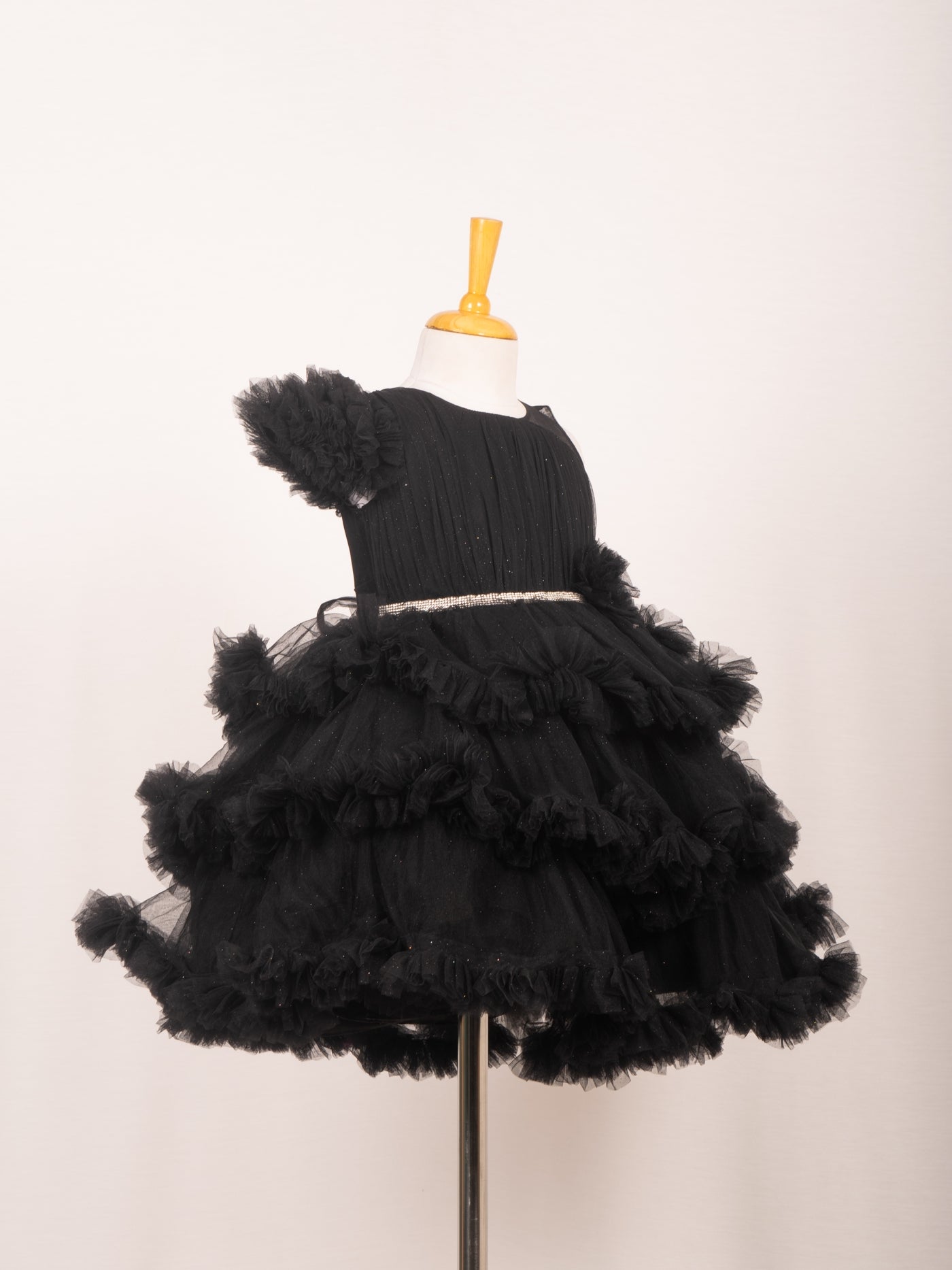 Midnight Black One-Sleeve Tiered Ruffle Tulle Gown Secondary image