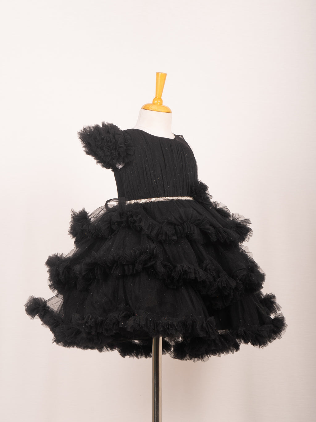 Midnight Black One-Sleeve Tiered Ruffle Tulle Gown