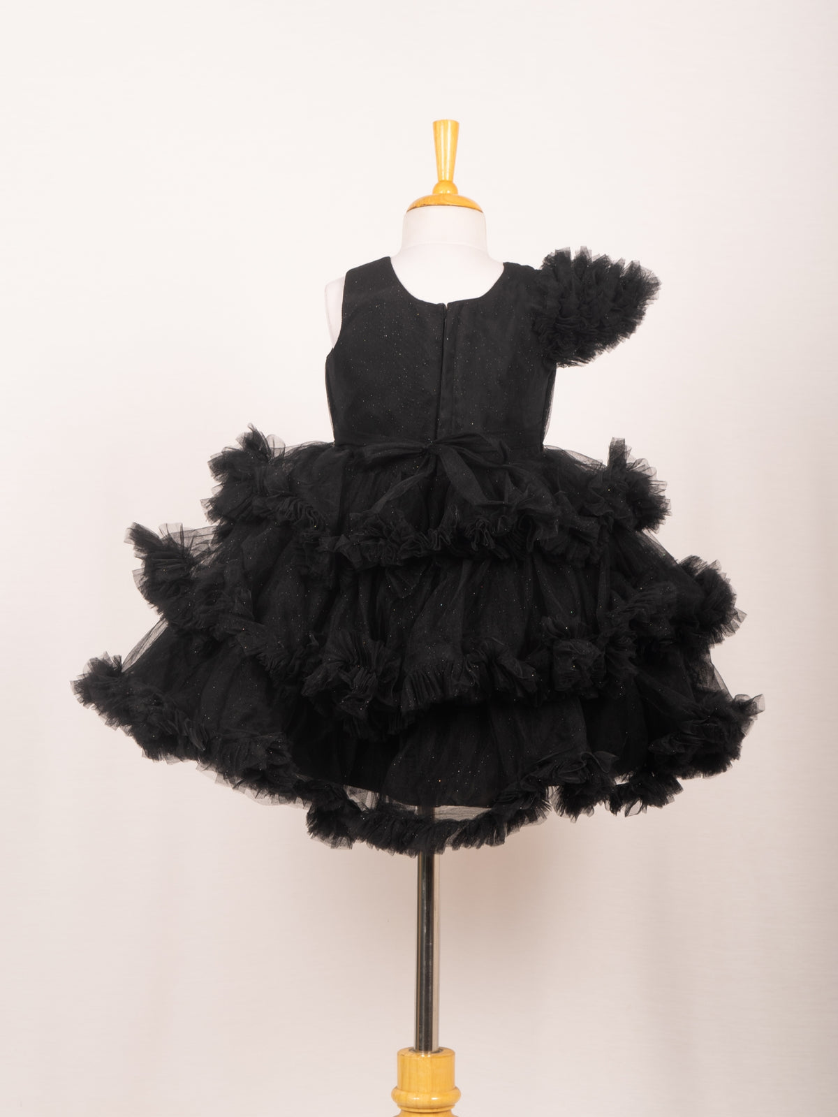 Midnight Black One-Sleeve Tiered Ruffle Tulle Gown