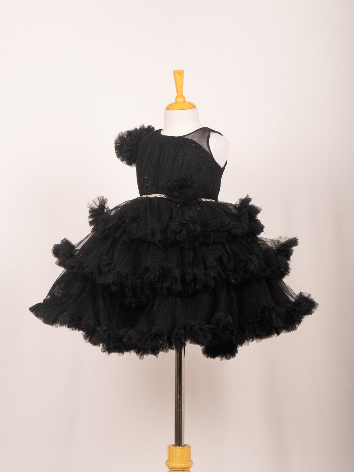 Midnight Black One-Sleeve Tiered Ruffle Tulle Gown