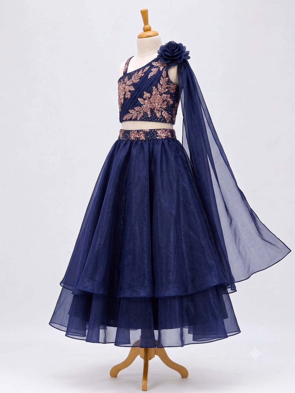 Navy Blue Floral Lehenga Set for Girls