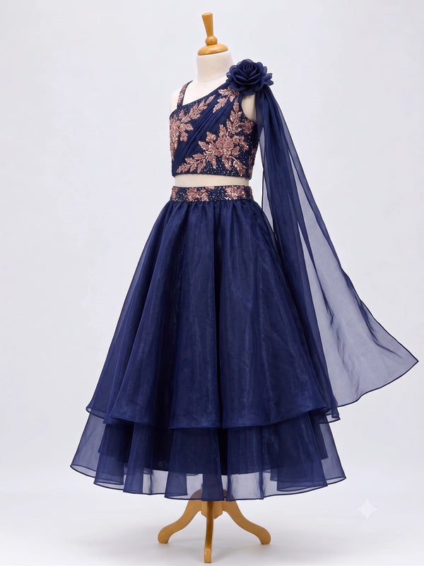 Navy Blue Floral Lehenga Set for Girls