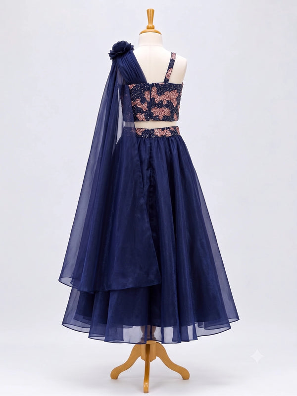 Navy Blue Floral Lehenga Set for Girls